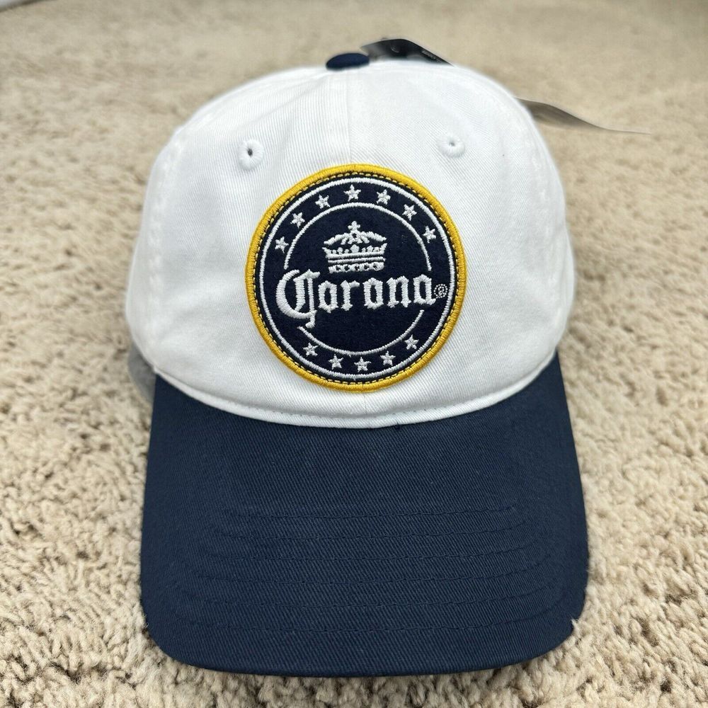 Corona Beer Hat Adjustable Strap White Blue‎ Patch Spellout Logo Cotton Dad Cap